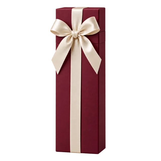 A narrow upright burgundy box tied with cream ribbon and a small bow