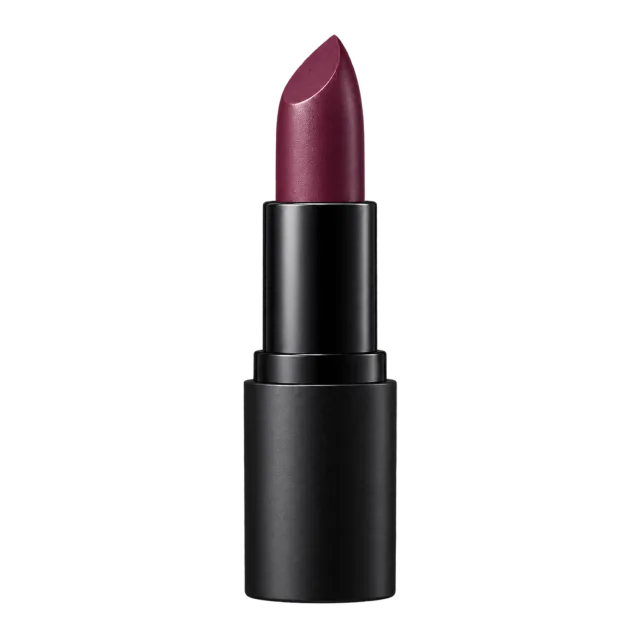 Realistic-style illustration of deep plum lipstick in matte black tube