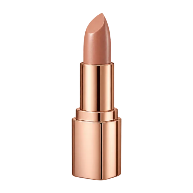 Realistic-style illustration of nude beige lipstick in rose gold case