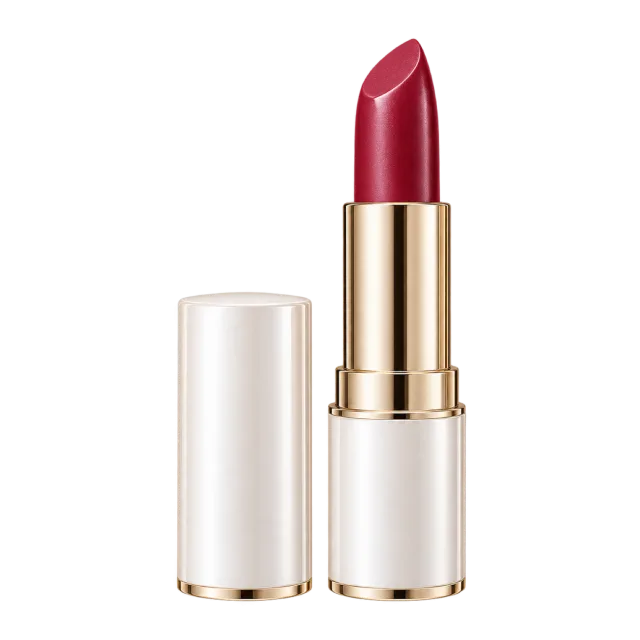 Realistic-style illustration of berry lipstick in pearl white case