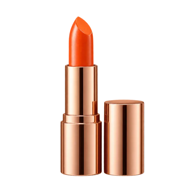 Realistic-style illustration of orange lipstick in copper case