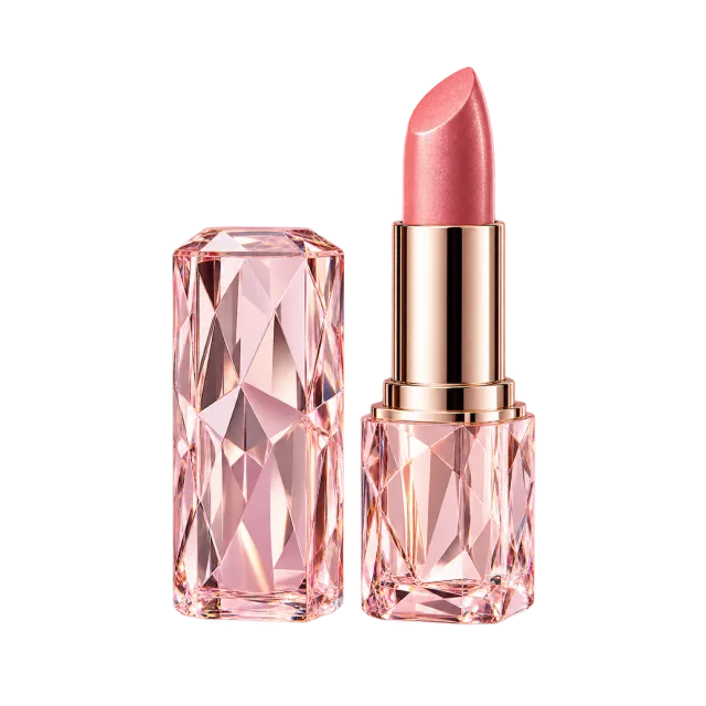 Realistic-style illustration of pink lipstick with faceted crystal case