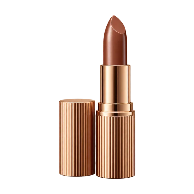 Realistic-style illustration of brown lipstick in ribbed bronze tube