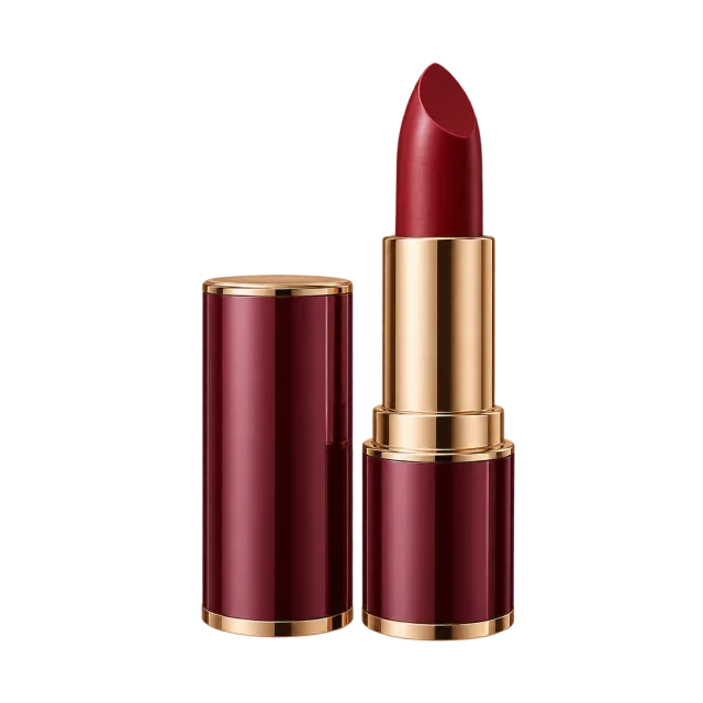 Realistic-style illustration of burgundy lipstick in metal case