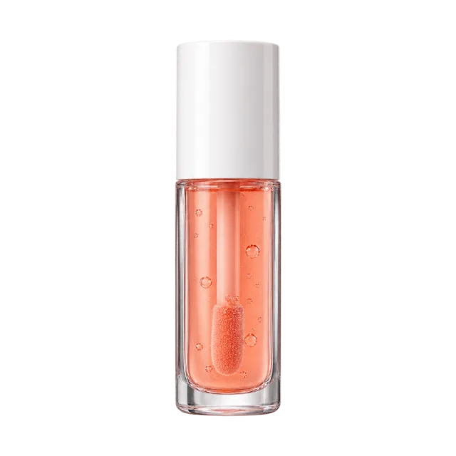 Realistic-style illustration of peach lip oil in clear bottle with white cap