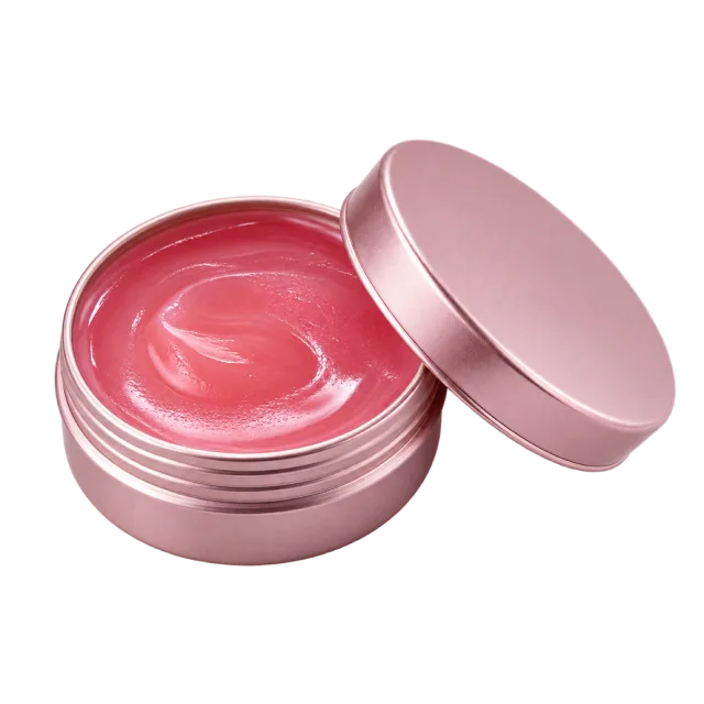 Realistic-style illustration of pink lip balm in open round pot