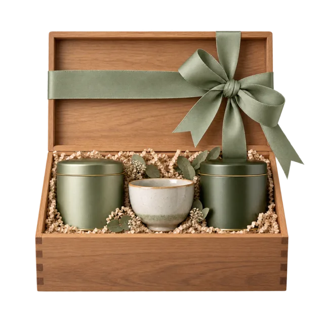 An open wooden box containing two green tea tins and a teacup with sage ribbon trim