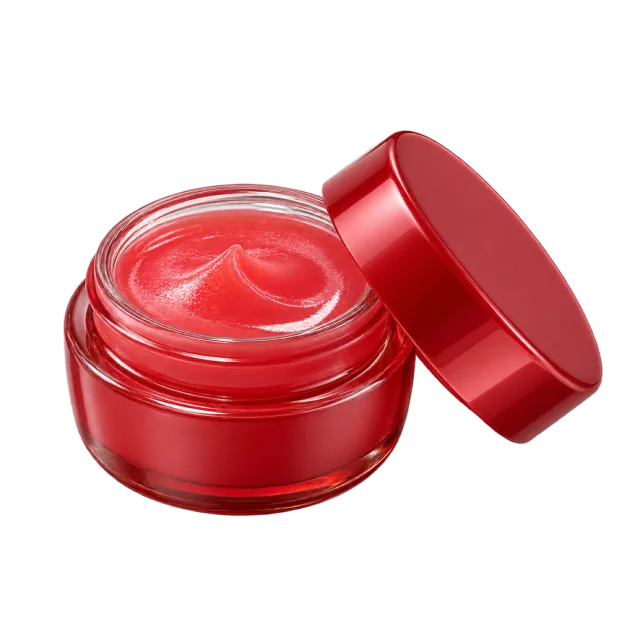 Realistic-style illustration of red lip balm in small jar