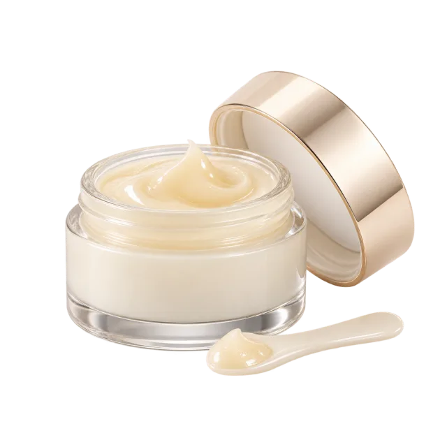 Realistic-style illustration of cream lip mask jar with spatula