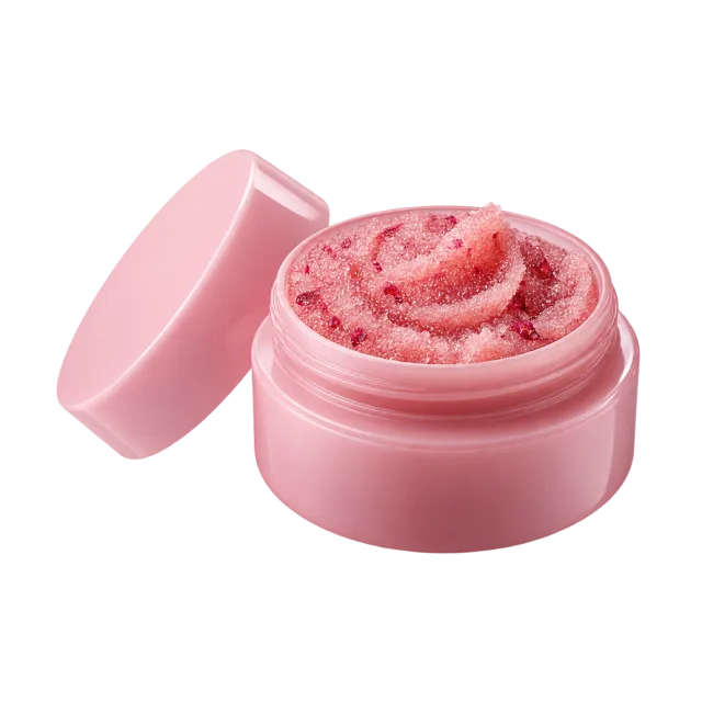 Realistic-style illustration of pink lip scrub in open pot