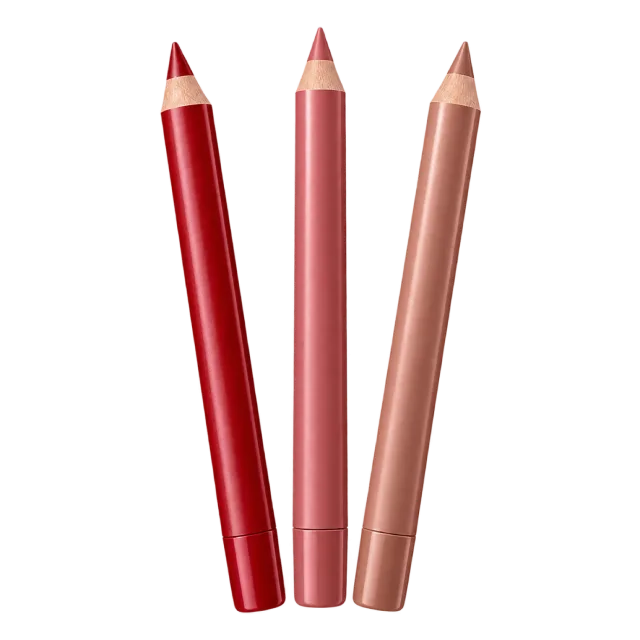 Realistic-style illustration of set of three red pink and nude lip pencils