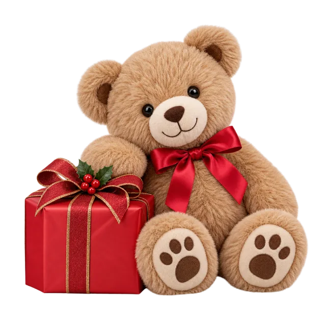 A brown teddy bear wearing a red bow beside a small red gift box