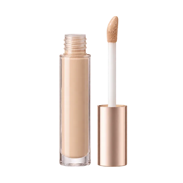 Realistic-style illustration of concealer wand beside clear beige bottle