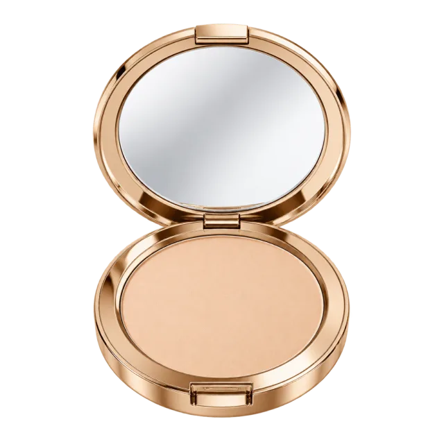 Realistic-style illustration of round pressed face powder compact open with mirror