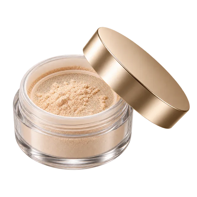 Realistic-style illustration of loose face powder in open jar