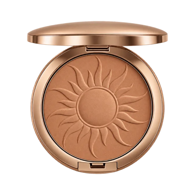 Realistic-style illustration of matte bronzer compact with embossed sun