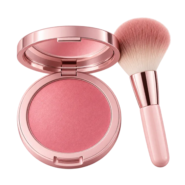 Realistic-style illustration of pink blush compact with powder brush