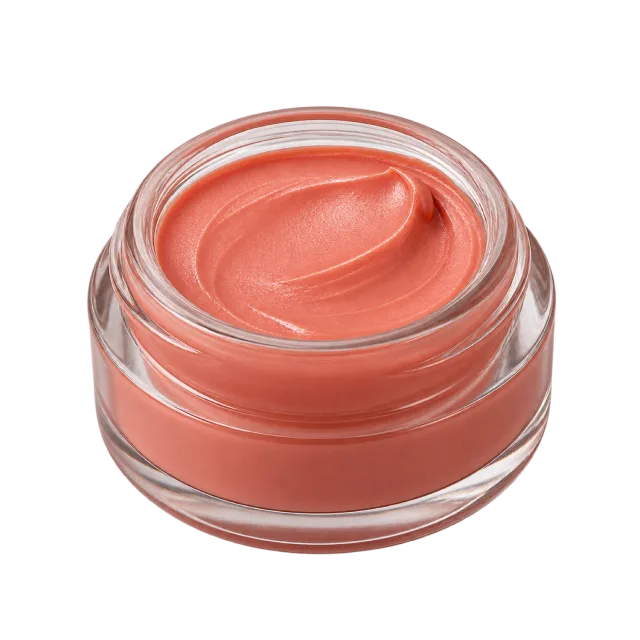 Realistic-style illustration of peach cream blush in open glass pot