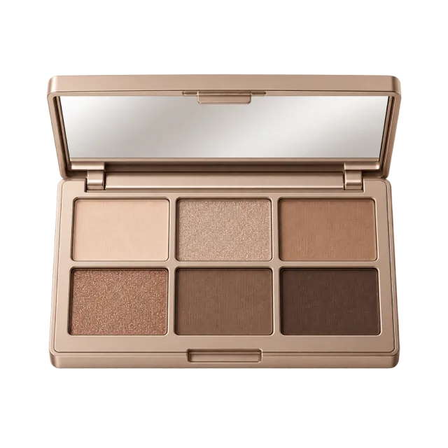 Realistic-style illustration of six pan neutral eyeshadow palette open