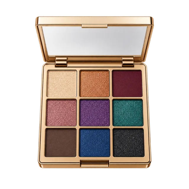Realistic-style illustration of nine pan jewel tone eyeshadow palette open
