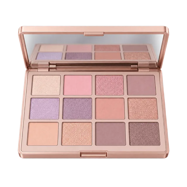 Realistic-style illustration of pastel eyeshadow palette with mirror