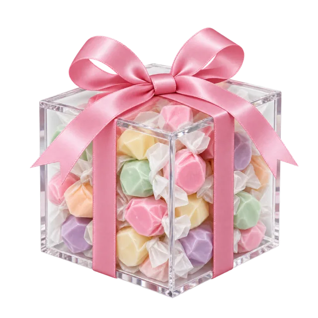 A transparent cube filled with pastel sweets and tied with pink satin ribbon