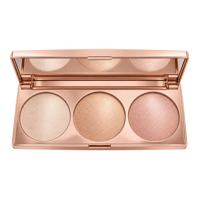 Realistic-style illustration of rose gold three pan highlighter palette