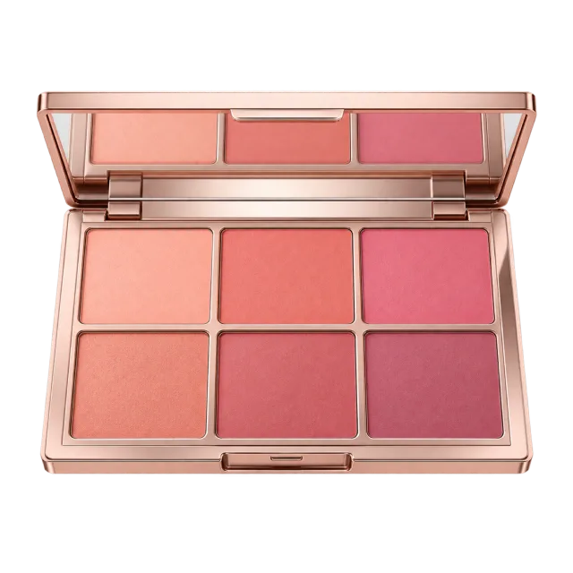 Realistic-style illustration of six pan peach and rose blush palette