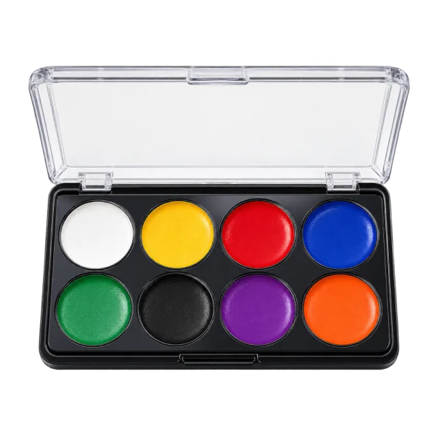 Realistic-style illustration of eight pan colorful face paint palette