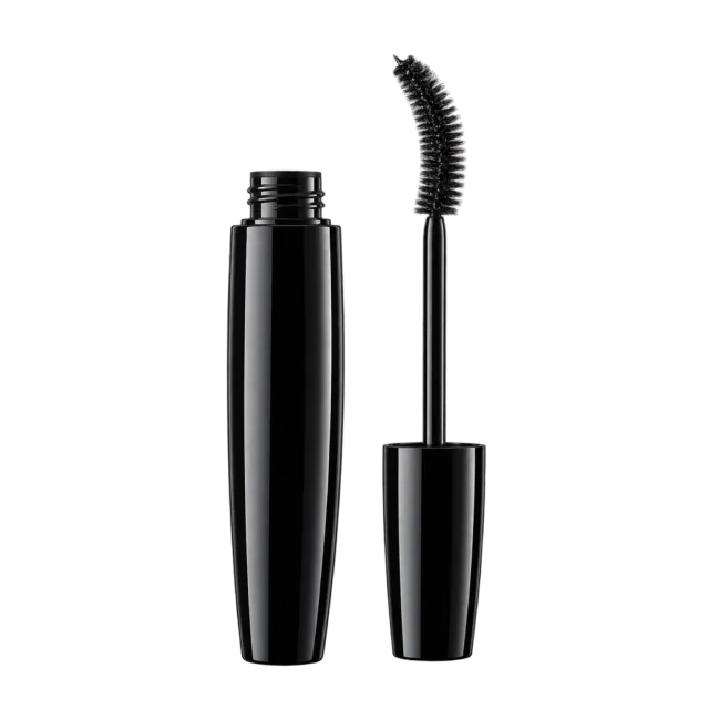 Realistic-style illustration of black mascara tube and curved bristle wand
