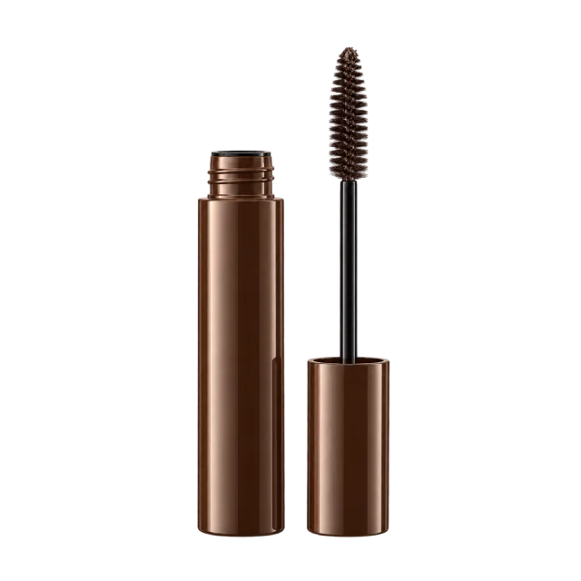 Realistic-style illustration of brown mascara tube with straight brush wand