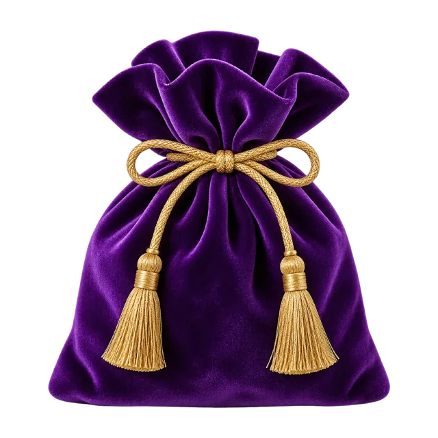 A gathered purple velvet pouch tied with gold cords and hanging tassels