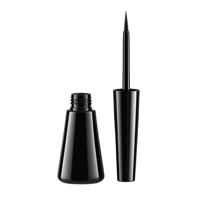 Realistic-style illustration of black liquid eyeliner bottle and fine brush