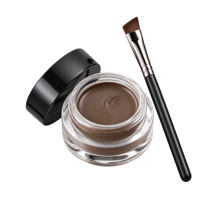 Realistic-style illustration of eyebrow pomade pot and angled brush