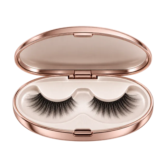 Realistic-style illustration of false eyelash pair in oval open case