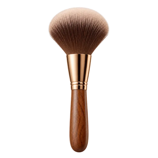 Realistic-style illustration of fluffy powder brush with wooden handle