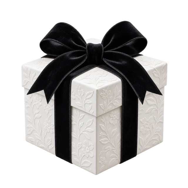 A white textured present wrapped with a bold black satin ribbon