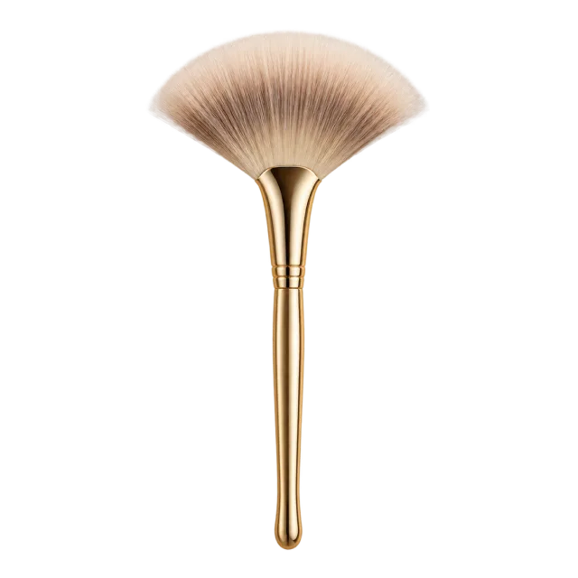 Realistic-style illustration of fan highlighter brush with gold handle