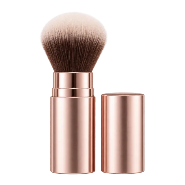Realistic-style illustration of retractable travel makeup brush in metal case