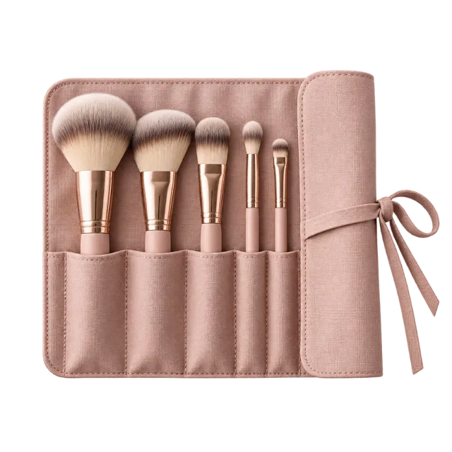 Realistic-style illustration of five piece makeup brush set in fabric roll