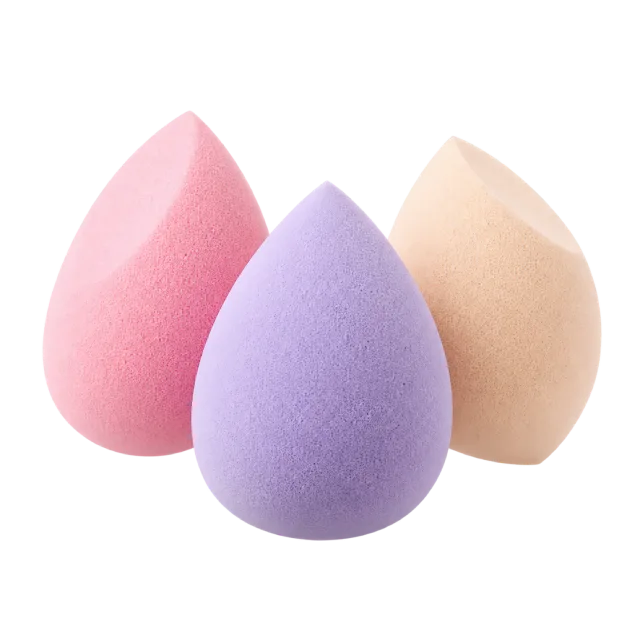 Realistic-style illustration of three pastel mini makeup sponges