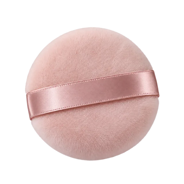 Realistic-style illustration of round velvet powder puff with satin ribbon
