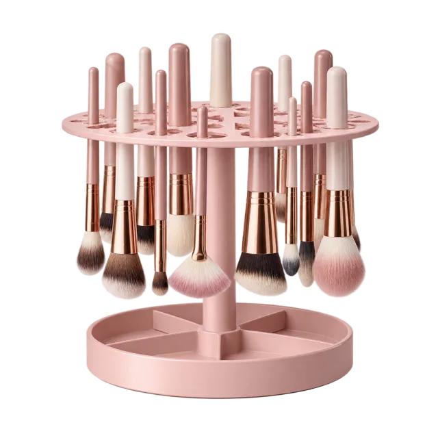 Realistic-style illustration of makeup brush drying rack with brushes