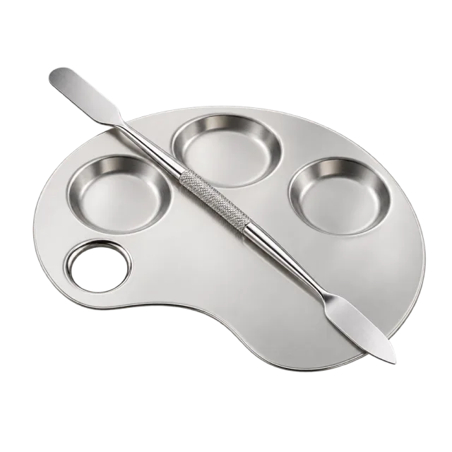 Realistic-style illustration of small makeup mixing palette with metal spatula