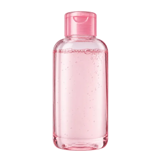 Realistic-style illustration of micellar water in clear pink cap bottle