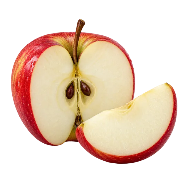 A red apple cut in half to reveal brown seeds beside a curved apple wedge
