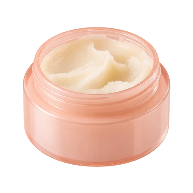 Realistic-style illustration of cleansing balm in open peach jar
