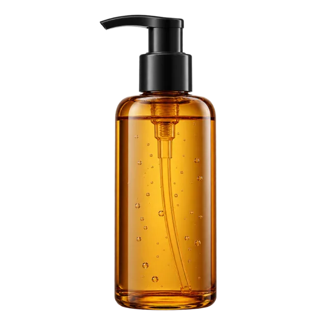 Realistic-style illustration of amber cleansing oil bottle with pump