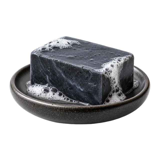 Realistic-style illustration of charcoal facial cleansing bar on small dish