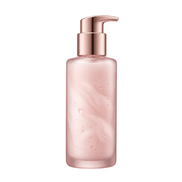 Realistic-style illustration of pink cleansing milk pump bottle